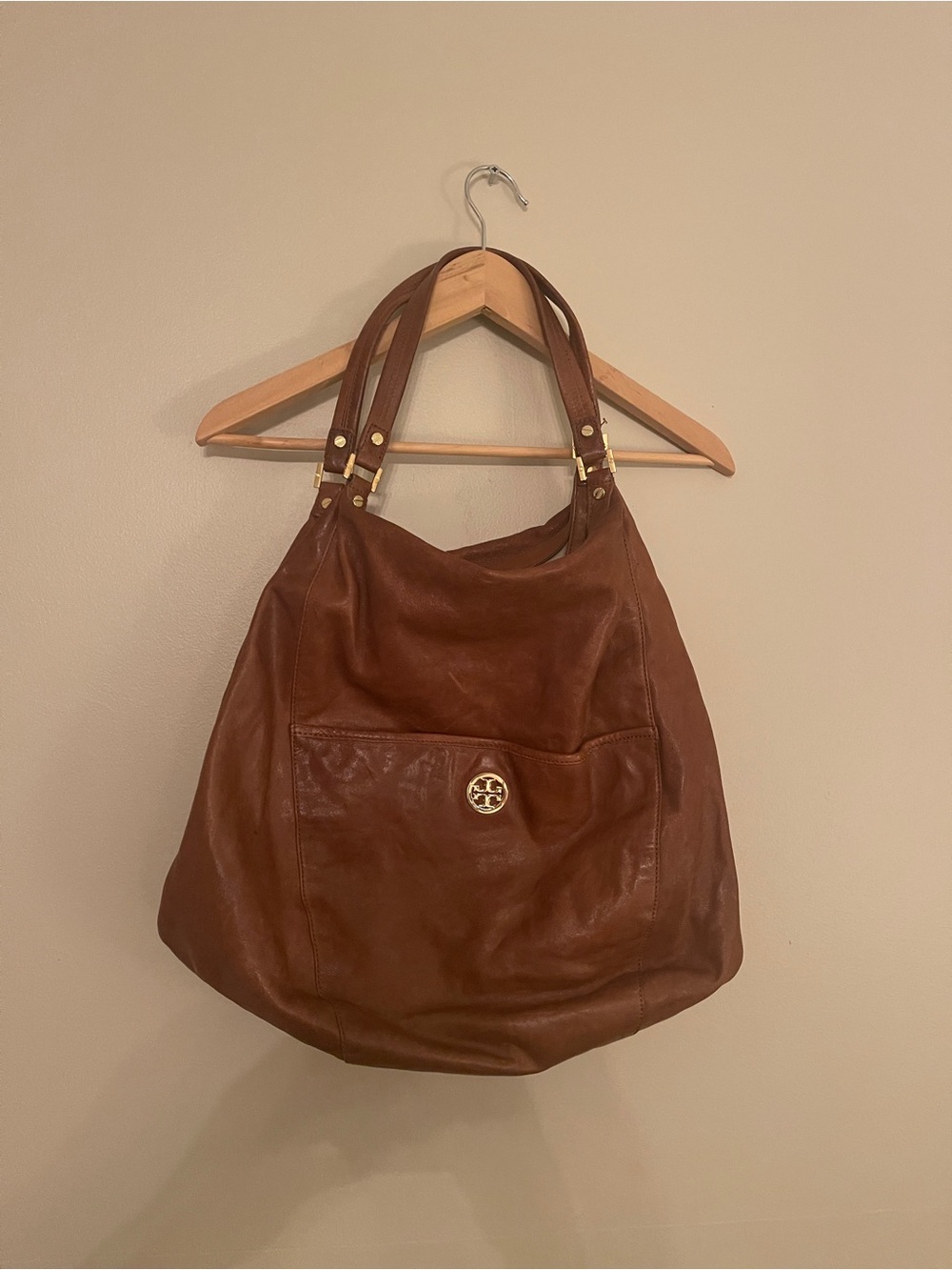 Tory Burch Brown Leather Tote Shoulder Bag with Gold Accent